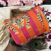Vriksham Cotton Pouch, Purse for Women with Zipper-Orange & Pink-Tiger Print-G19049